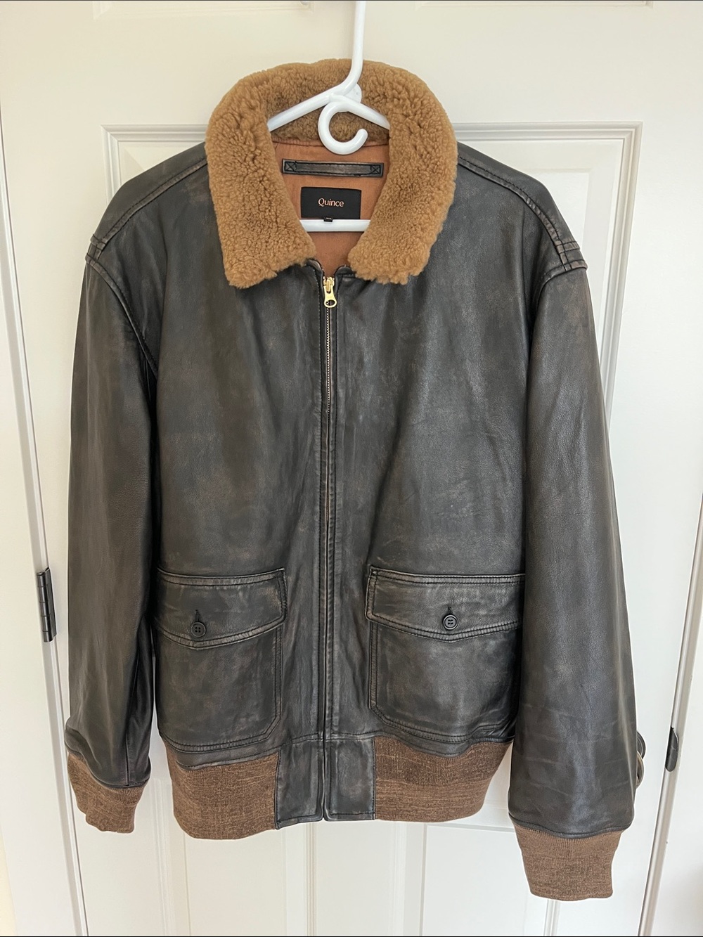 Quince Men’s Dark Brown Leather Bomber Jacket with Tan Shearling Collar